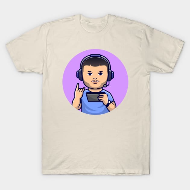 Cute Man Gamer Playing Game With Headphone Cartoon T-Shirt by Catalyst Labs